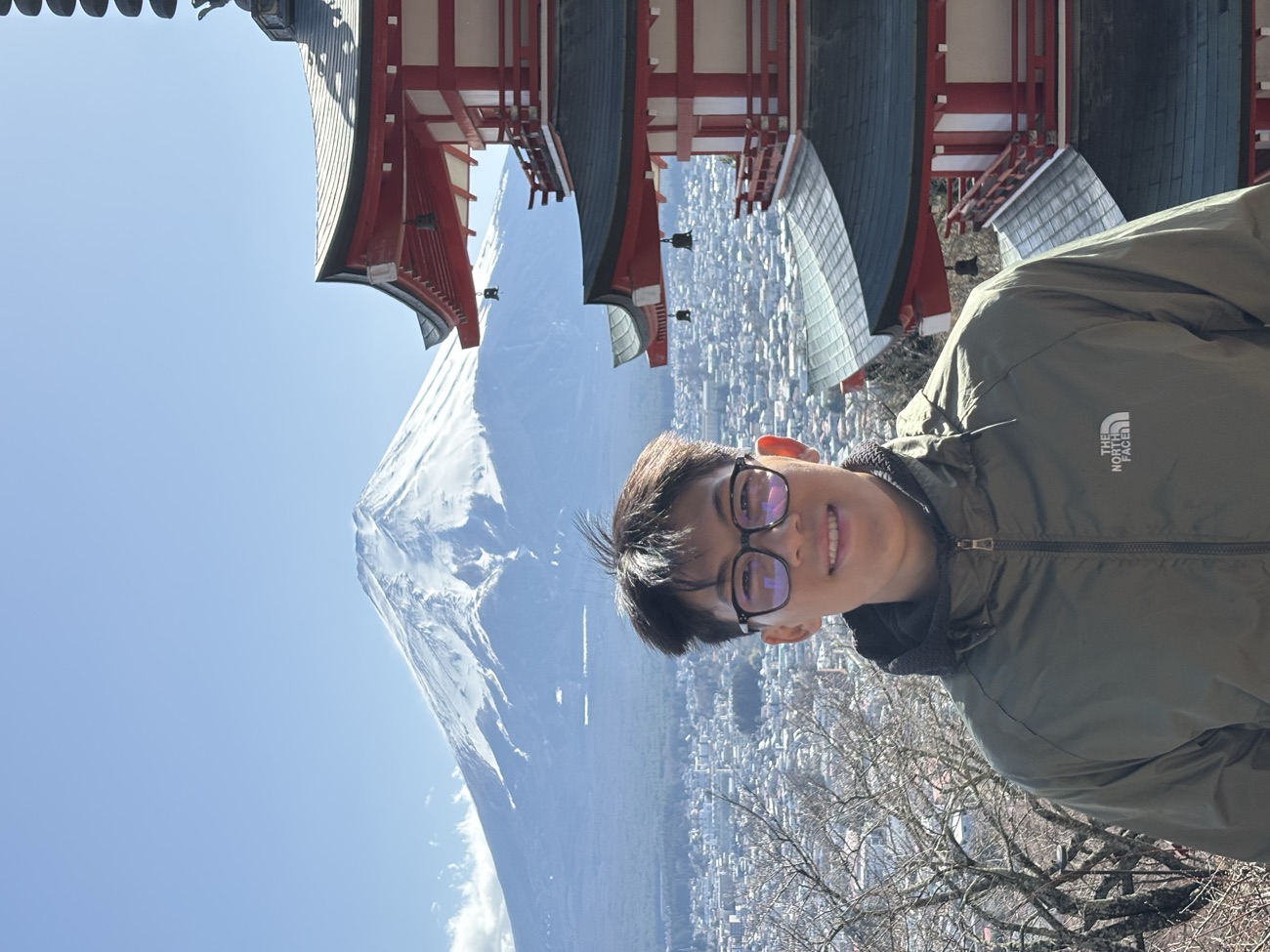 Dom in front of Mount Fuji and a red pagoda in Japan